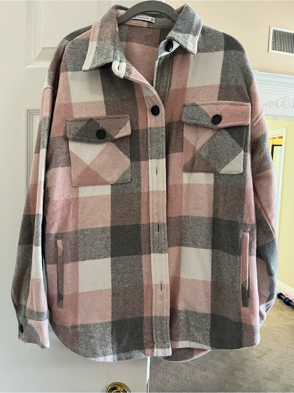 Staccato Plaid Shacket Jacket in Pink, Gray & White with Pockets